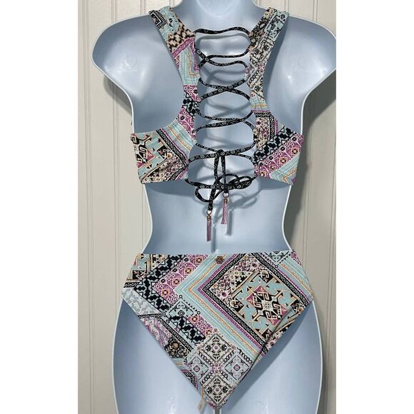 Nanette‎ Lepore Hannah High Neck Marrakesh Megerie Bikini Set Swim Pink Size 8 - Picture 13 of 16